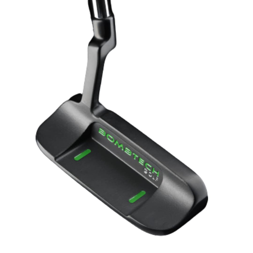 BombTech Golf Blade Putter head close-up highlights precision for smooth putts.