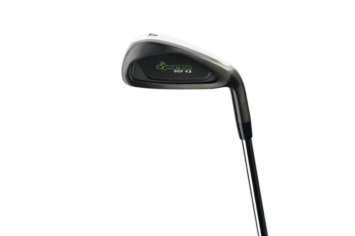 BombTech Golf iron 4 with perimeter weighting enhances forgiveness on off-center hits.