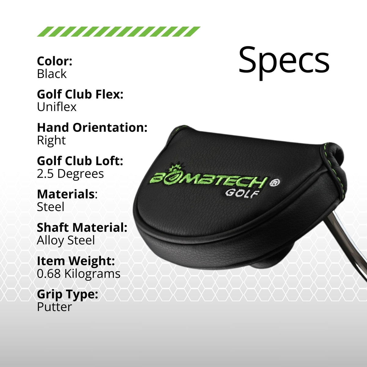BombTech Golf Mallet Putter weighted balance aids control on short strokes.