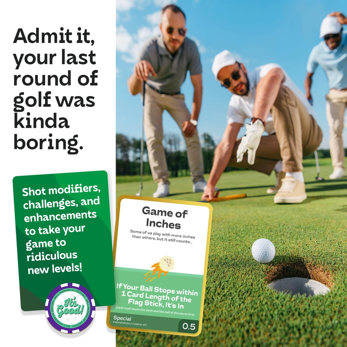 Booster Golf 100 playable cards shown highlighting variety and replayability on the course.