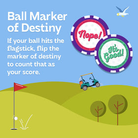 Booster Golf water-ball-replay card visuals illustrate retries and lighthearted competition.