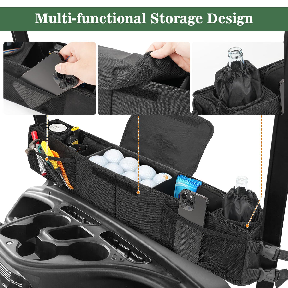 BORDAN adjustable buckle straps secure the organizer without drilling on EZGO or Club Car.