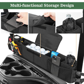 BORDAN adjustable buckle straps secure the organizer without drilling on EZGO or Club Car.