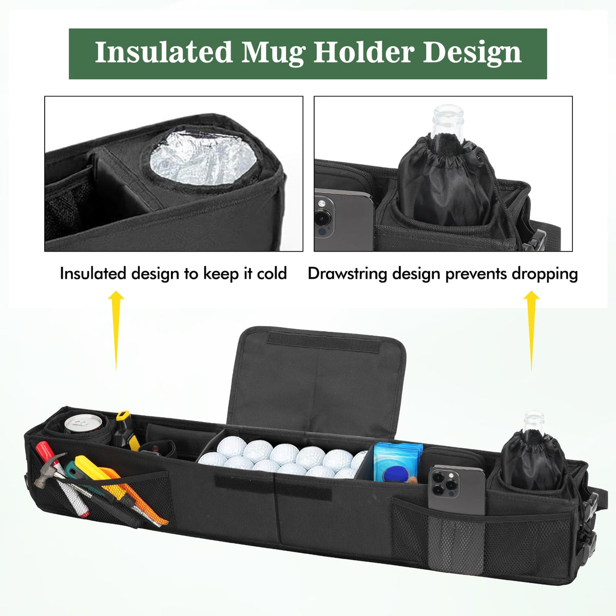BORDAN golf cart tray with drawstring cups prevents spills on bumpy rides.