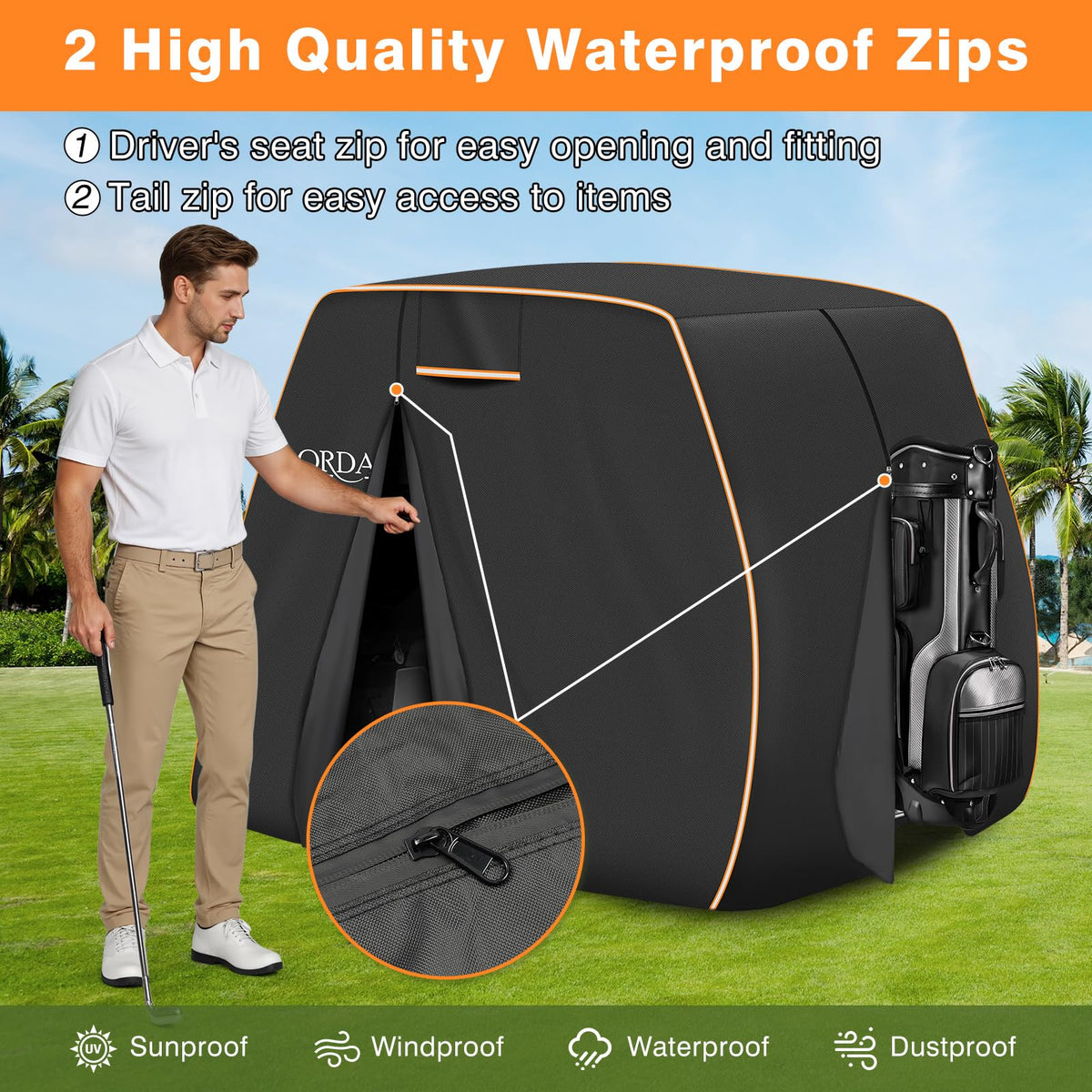 BORDAN waterproof all-weather protection keeps the cart dry in rain and snow.