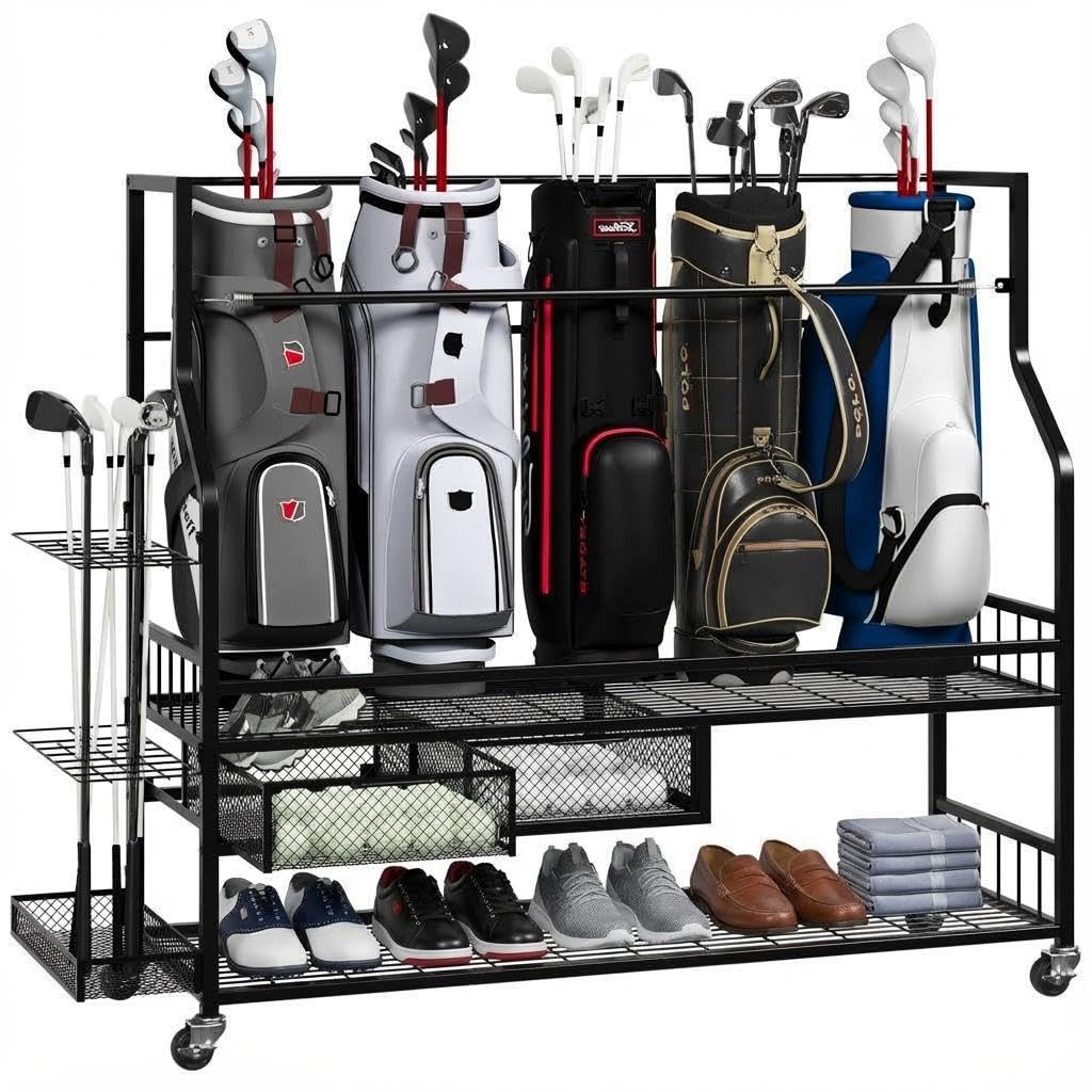 BouPower Golf Bag Storage Rack side view showing sturdy, rust-resistant design for garage organization.