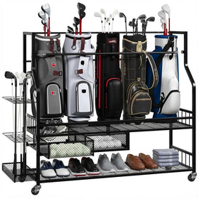 BouPower Golf Bag Storage Rack side view showing sturdy, rust-resistant design for garage organization.