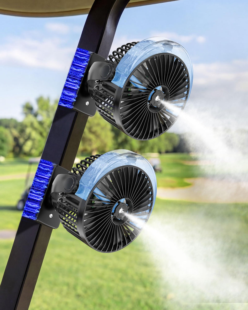 BOYISEN magnetic golf cart fan with misting cools on the course.