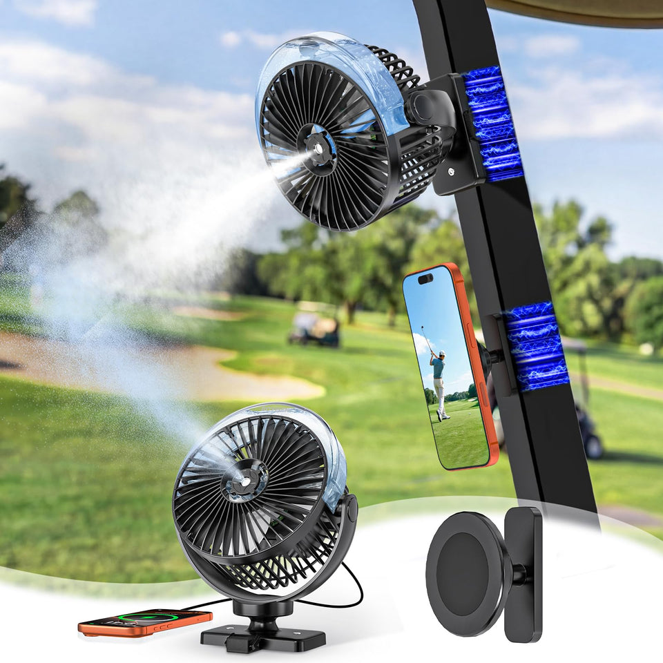 BOYISEN magnetic golf cart misting fan attaches securely for on-the-go cooling.