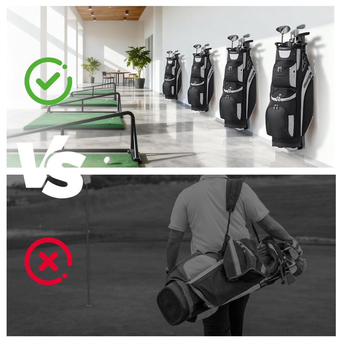 Bpbdzz organized garage shot with golf bags neatly stored on wall.