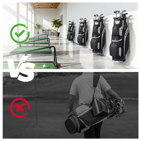 Bpbdzz organized garage shot with golf bags neatly stored on wall.