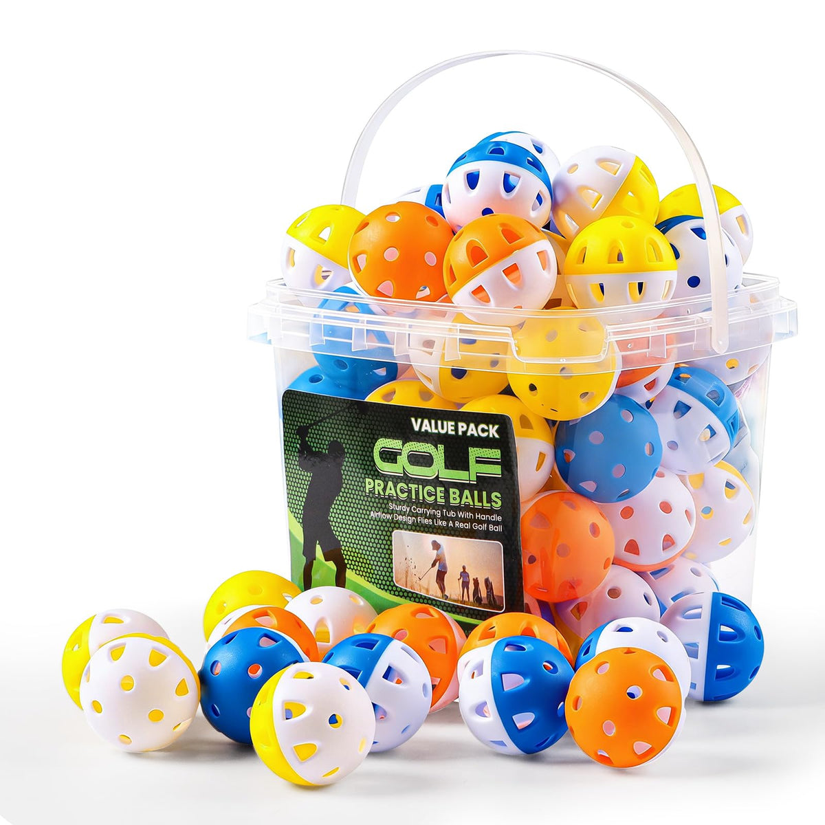 BRAMASOLE weighted practice golf balls with 50-pack bucket for extended indoor or outdoor training.