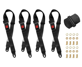 Bravokit universal black 2-point seat belt, 54-inch, four-pack for go-karts and golf carts.