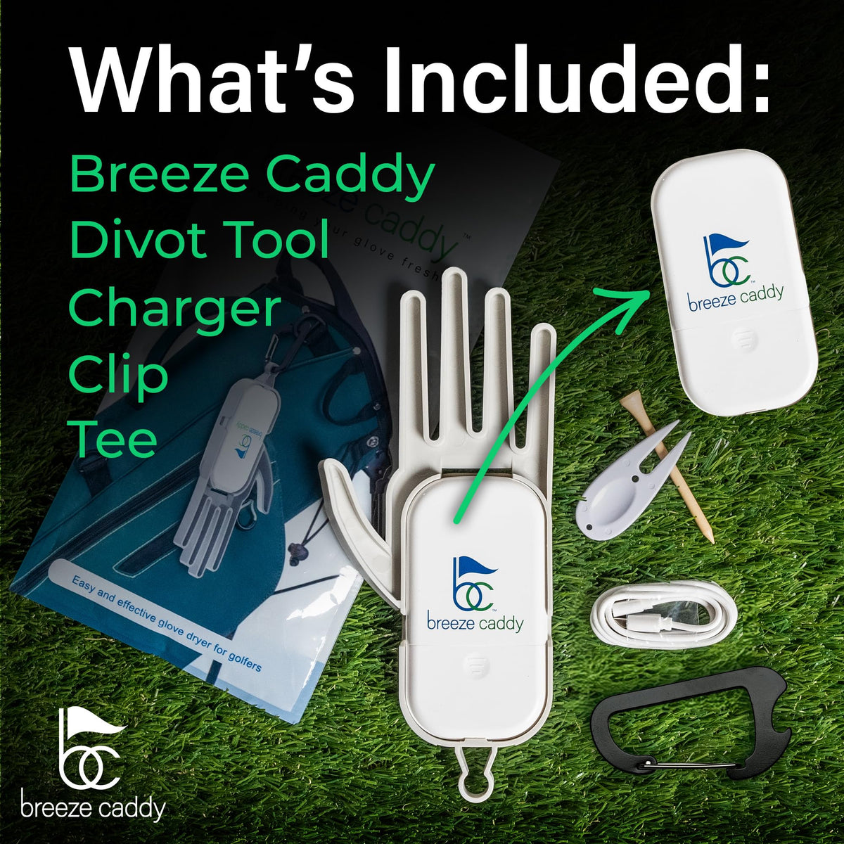 Breeze Caddy rechargeable fan in use provides a cooling breeze for gloves
