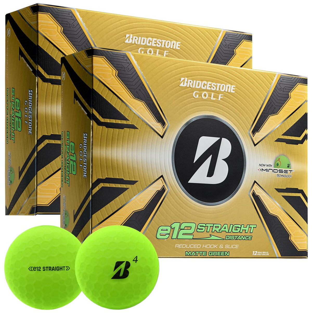 Bridgestone Golf e12 Straight Matte Green double dozen pack, designed for consistent flight and easy alignment.