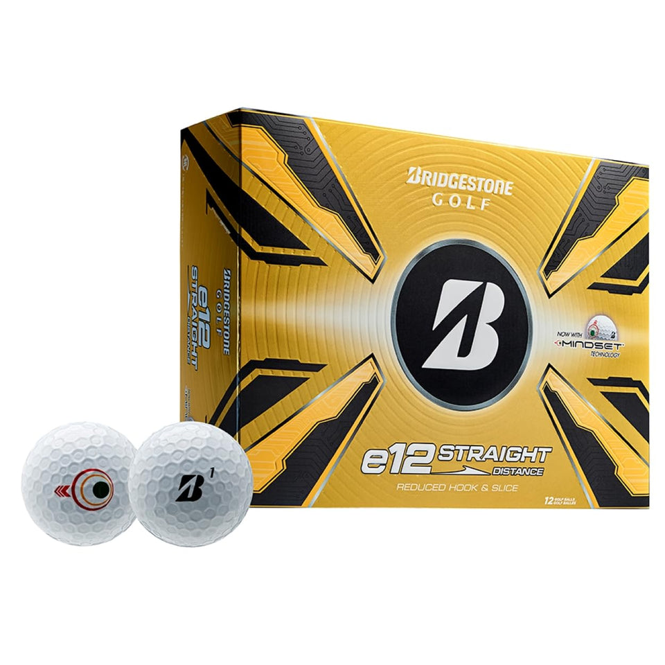 Bridgestone e12 Straight White ball close-up highlighting dimples for straight distance