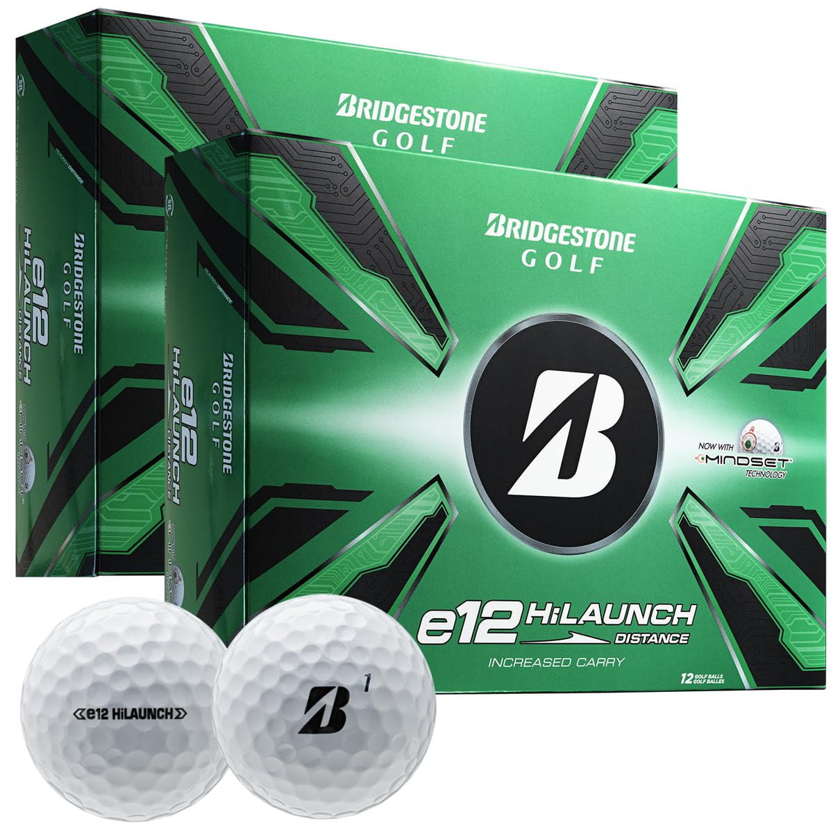 Bridgestone Golf e12 HiLaunch Double Dozen pack shot highlighting longer carry