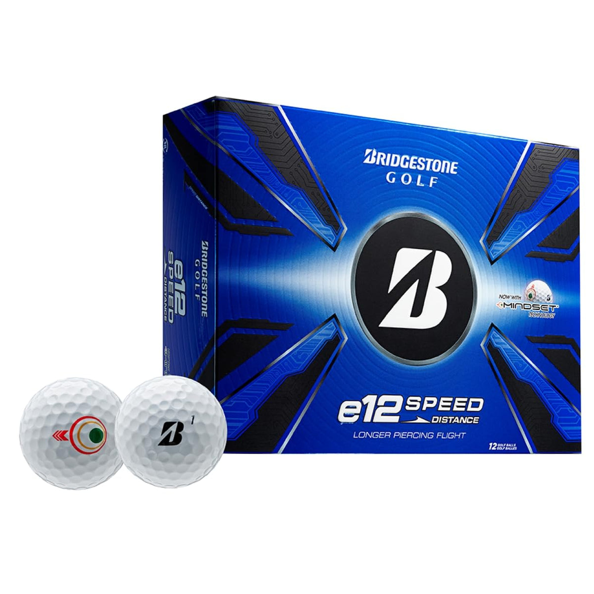 Bridgestone Golf e12 Speed White ball close-up showing dimple design for optimized flight.
