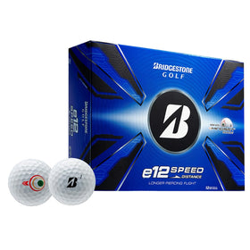 Bridgestone Golf e12 Speed White ball close-up showing dimple design for optimized flight.