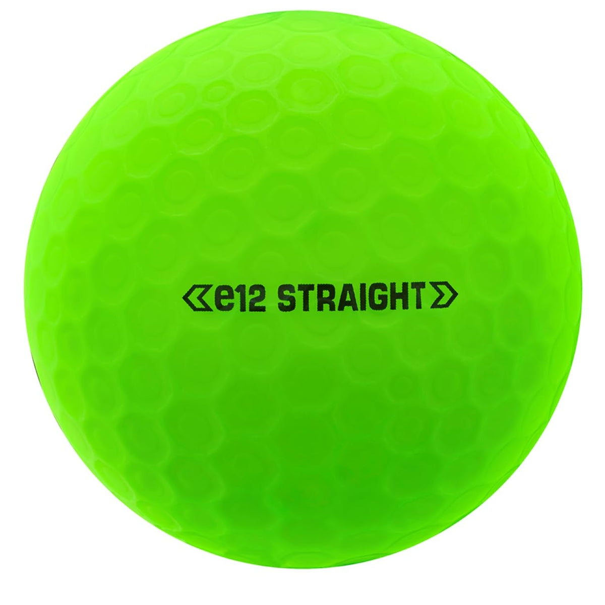 Bridgestone Golf e12 Straight Matte Green ball close-up shows dimples.