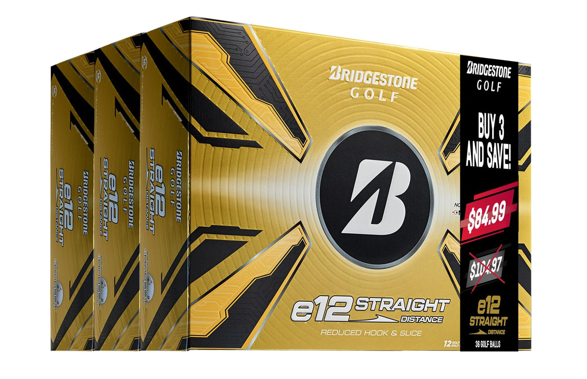 Bridgestone Golf e12 Straight Trifecta Pack ball close-up highlighting dimple design for straighter flight.