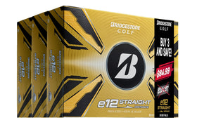 Bridgestone Golf e12 Straight Trifecta Pack ball close-up highlighting dimple design for straighter flight.