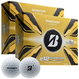 Bridgestone Golf e12 Straight White Double Dozen box showcasing packaging and the optimized flight system.
