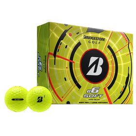 Bridgestone Golf e6 Soft Yellow ball front view shows soft feel and distance potential.