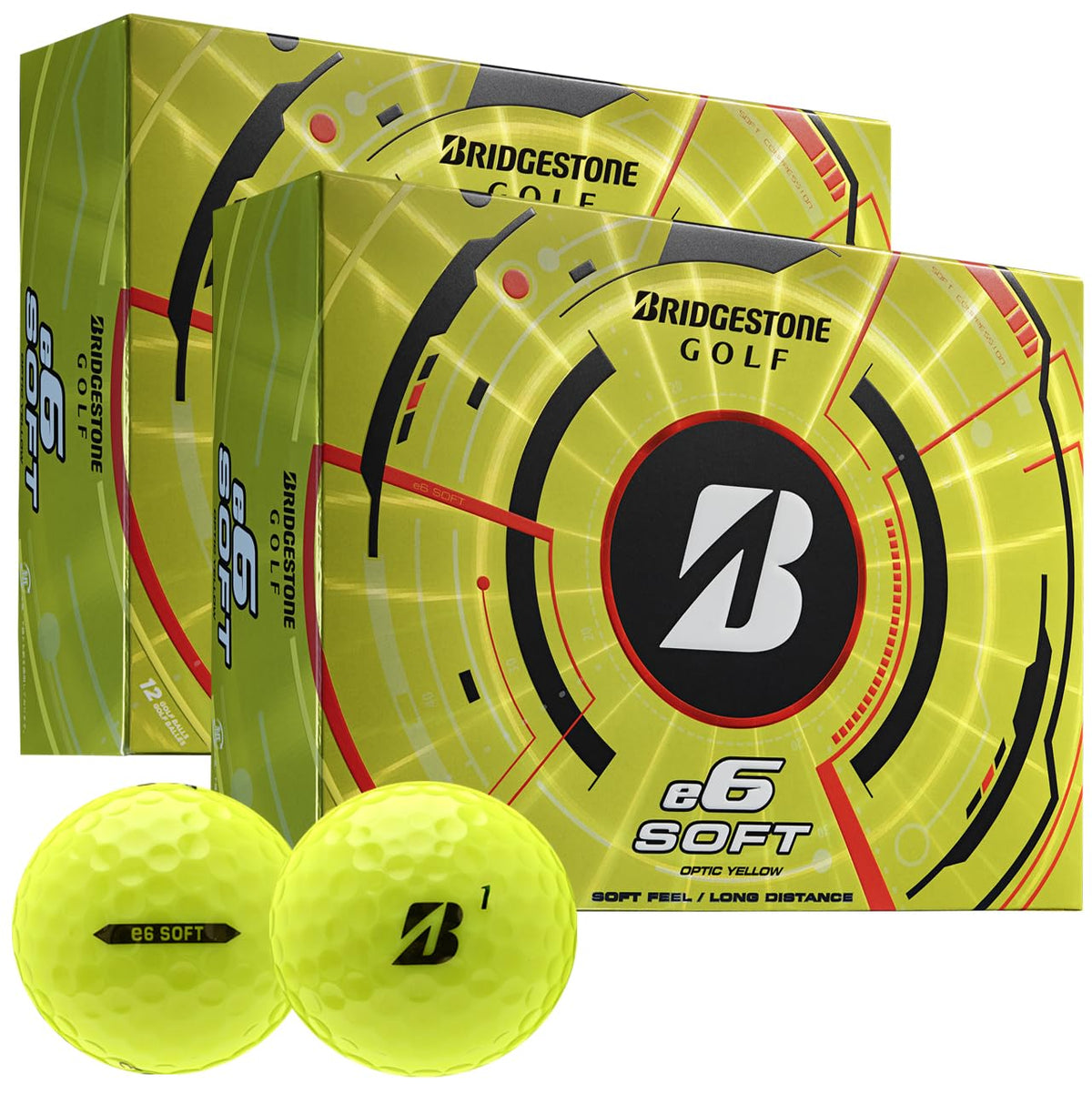 Bridgestone Golf e6 Soft Yellow Double Dozen pack offers soft feel and longer distance on greens