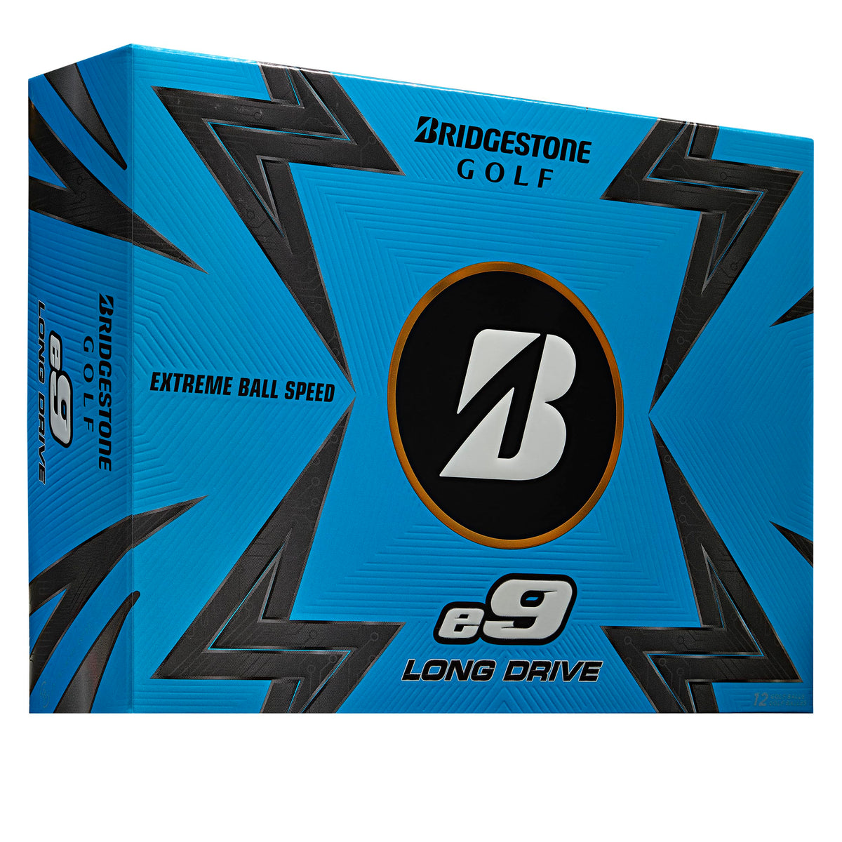 Bridgestone Golf e9 Long Drive white ball close-up showing premium dimple design for distance