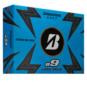 Bridgestone Golf e9 Long Drive white ball close-up showing premium dimple design for distance