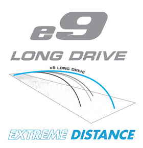 Bridgestone Golf e9 Long Drive white ball logo close-up reinforces brand prestige