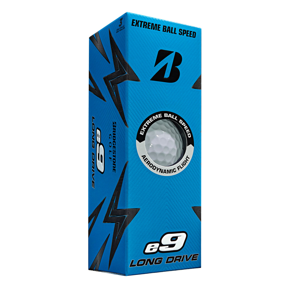 Bridgestone Golf e9 Long Drive white ball on green emphasizes long carry potential