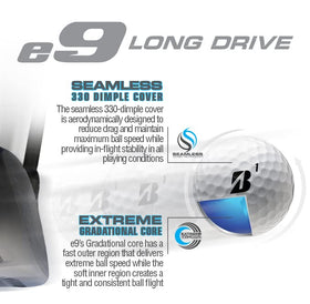 Bridgestone Golf e9 Long Drive white ball with driver illustrates reduced spin impact