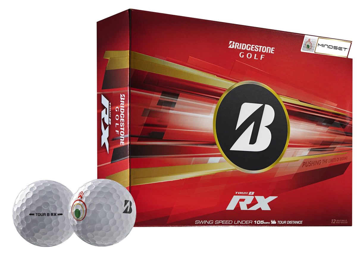 Bridgestone Tour B RX Mindset pack shot highlighting distance-focused design for confident tee shots