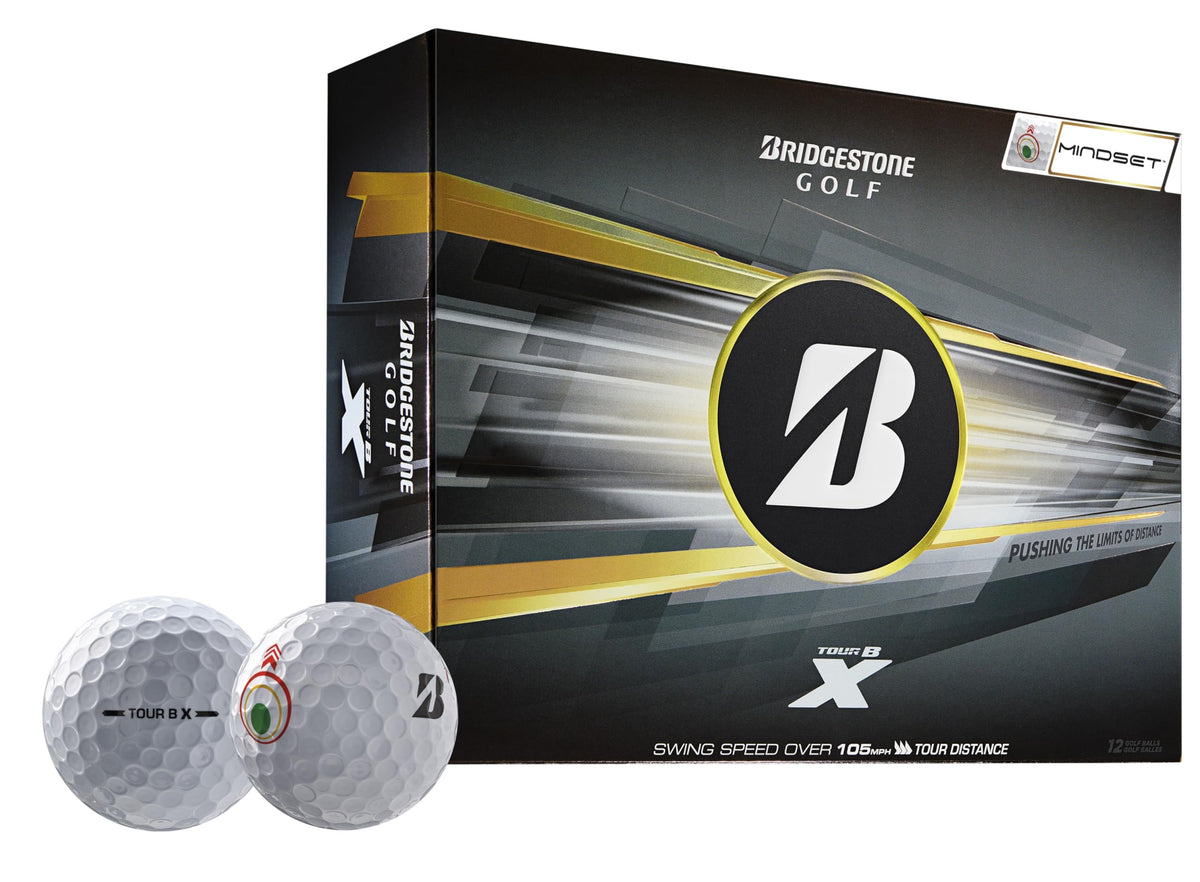Bridgestone Golf Tour B X MindSet ball close-up highlighting dimple design for consistent distance.