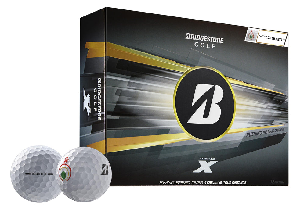 Bridgestone Golf Tour B X MindSet ball close-up highlighting dimple design for consistent distance.