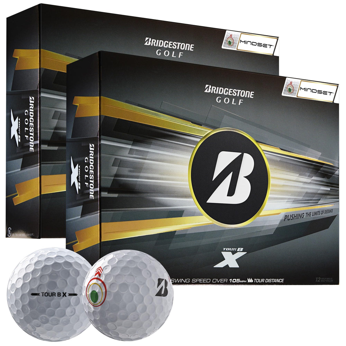 Bridgestone Golf Tour B X MindSet Double Dozen front view highlighting distance-focused design for fast swing speeds.