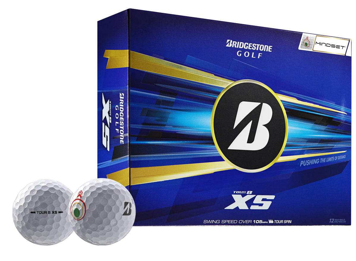 Bridgestone Golf Tour B XS Mindset ball close-up highlighting spin potential and distance