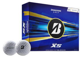 Bridgestone Golf Tour B XS White ball front view shows distance and spin potential.