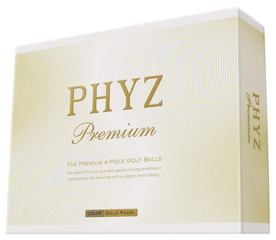 Bridgestone Phyz Premium Golf Balls pack shot with gold pearl finish for enhanced distance.