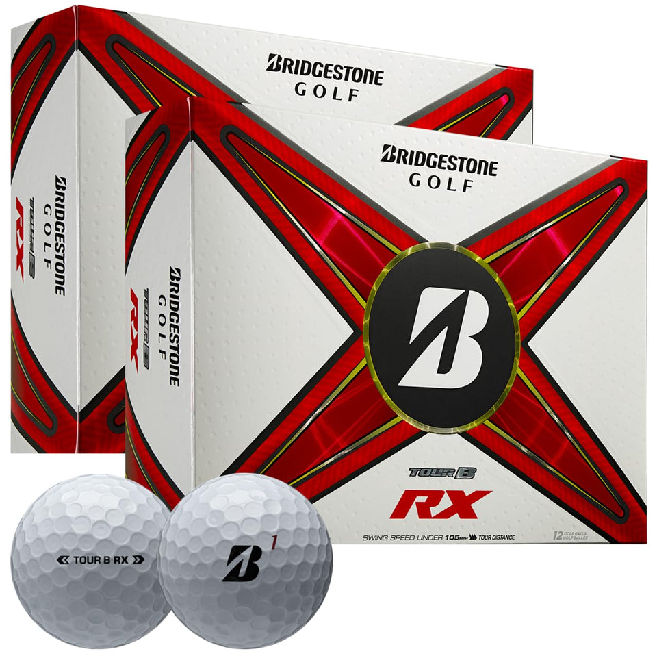 Bridgestone Tour B RX Double Dozen pack front view showcasing a premium golf ball set for distance.