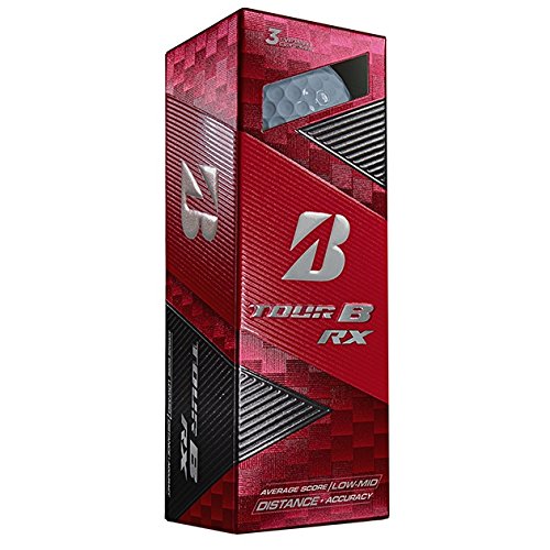Bridgestone Tour B RX golf balls packaging closeup, showcasing alignment aid and durable construction.