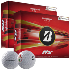 Bridgestone Tour B RX MindSet Double Dozen ball front view highlighting distance-boost potential.