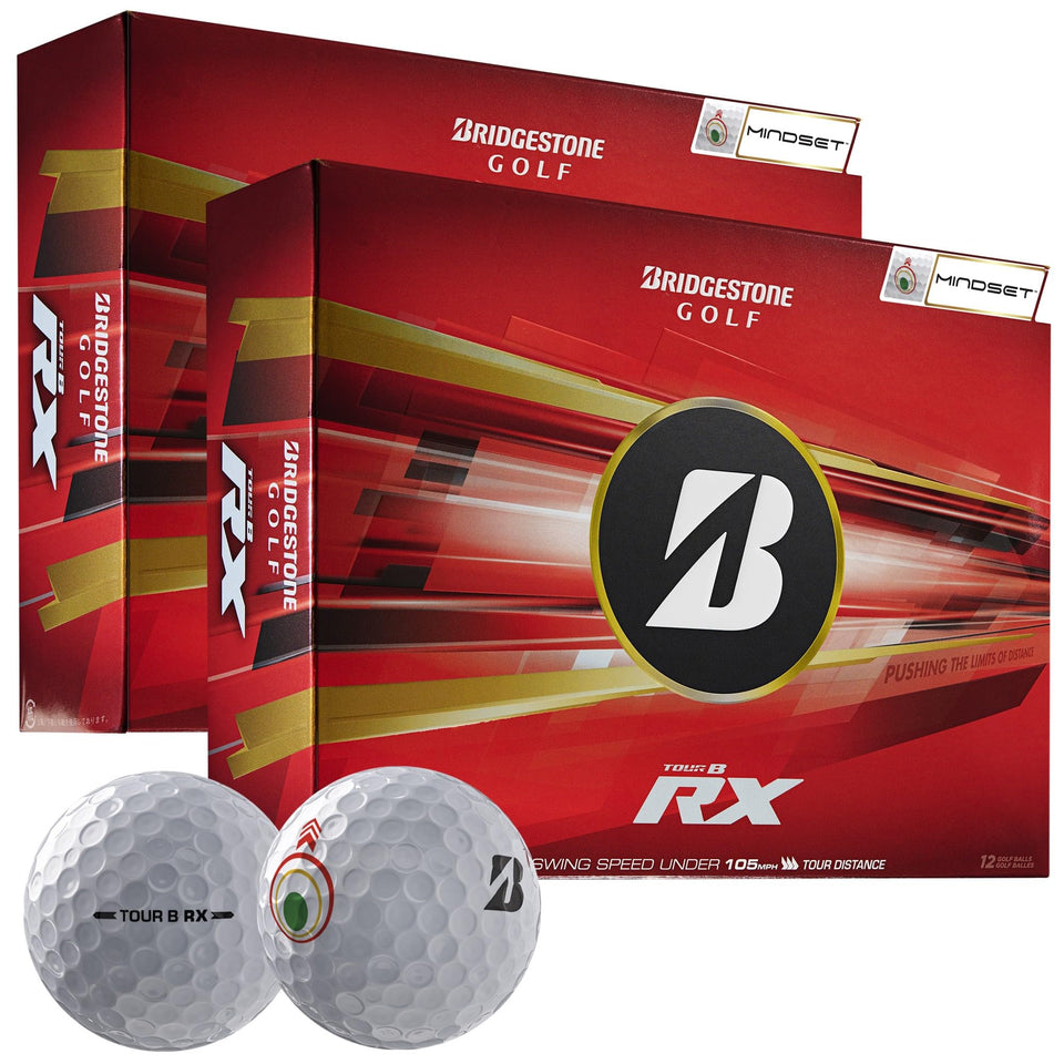 Bridgestone Tour B RX MindSet Double Dozen ball front view highlighting distance-boost potential.