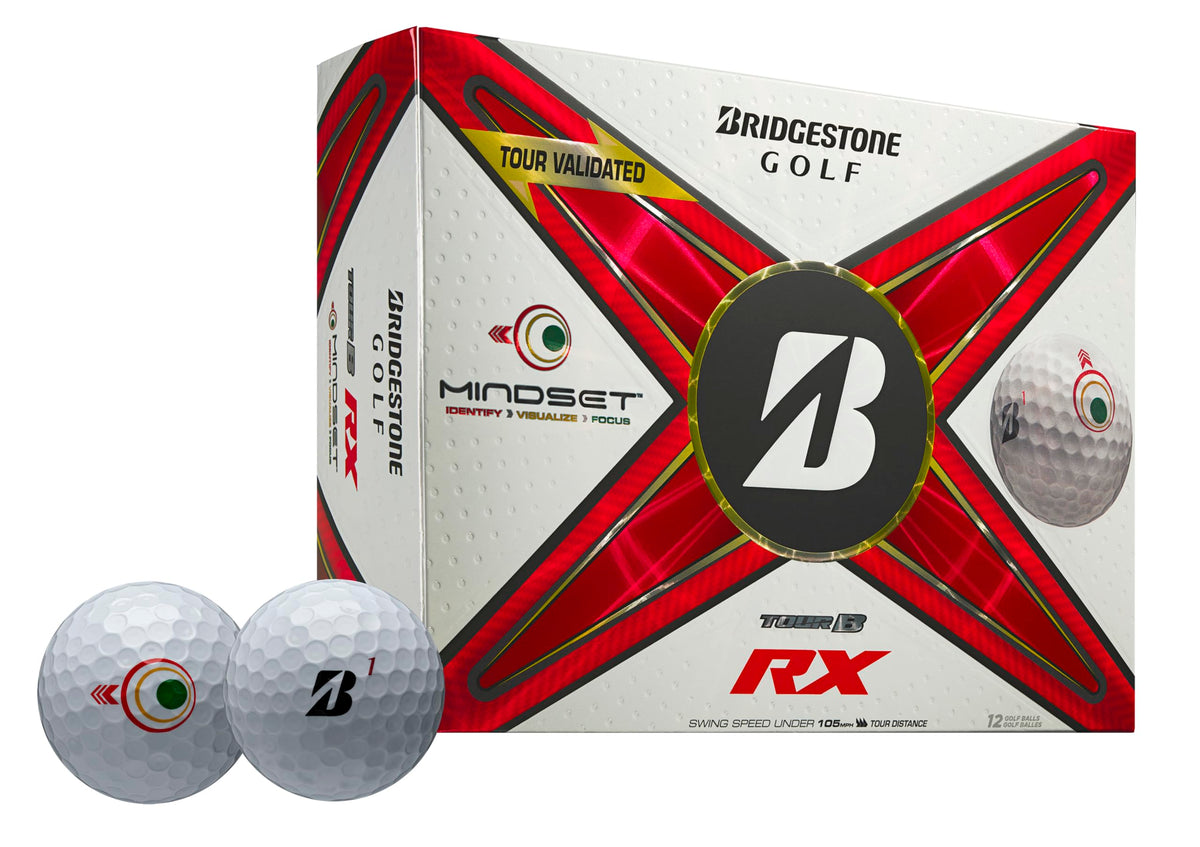 Bridgestone Tour B RX MindSet ball highlights target-identify cue for clearer aiming.