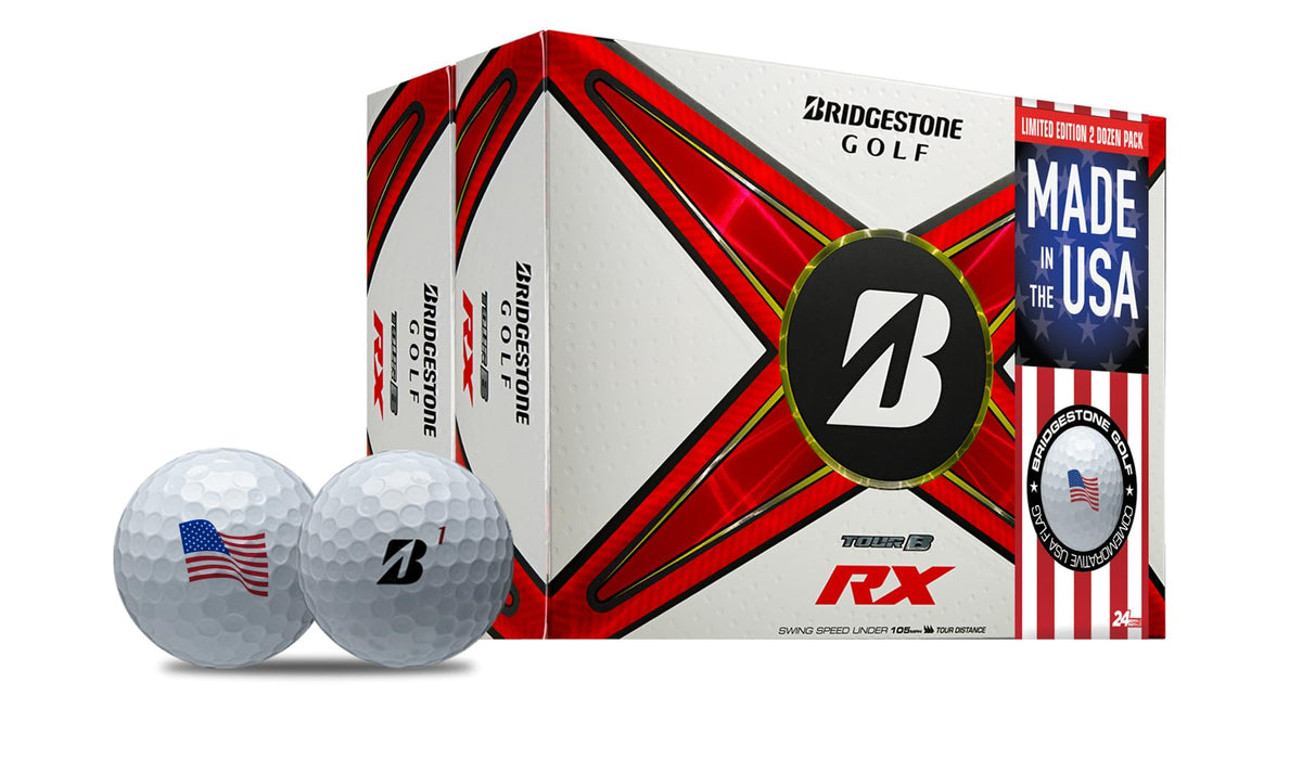 Bridgestone Tour B RX USA Double Dozen ball closeup highlighting distance potential.