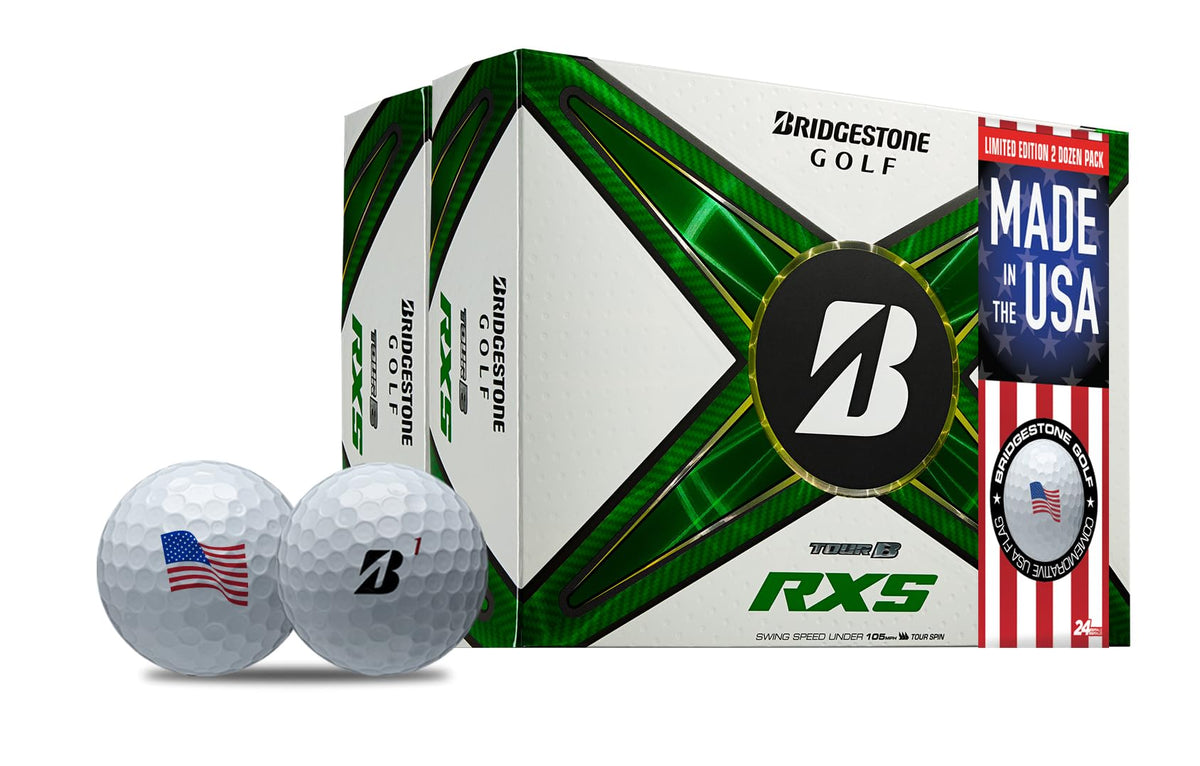 Bridgestone Tour B RXS USA Double Dozen packaging on shelf highlighting increased distance potential.