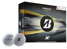 Bridgestone Tour B X White ball front view highlights distance-focused design for long shots.