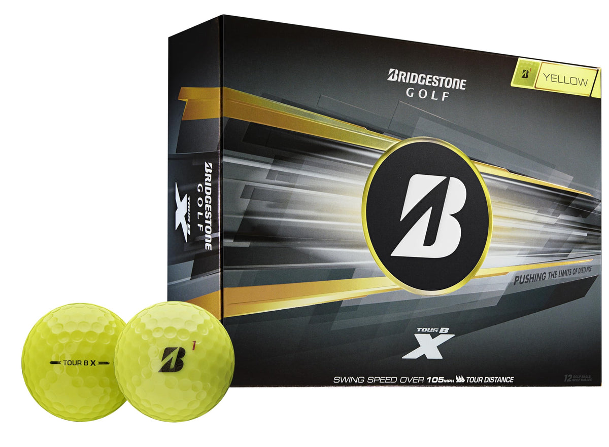 Bridgestone Tour B X Yellow ball shows VeloSurge design for long distance.